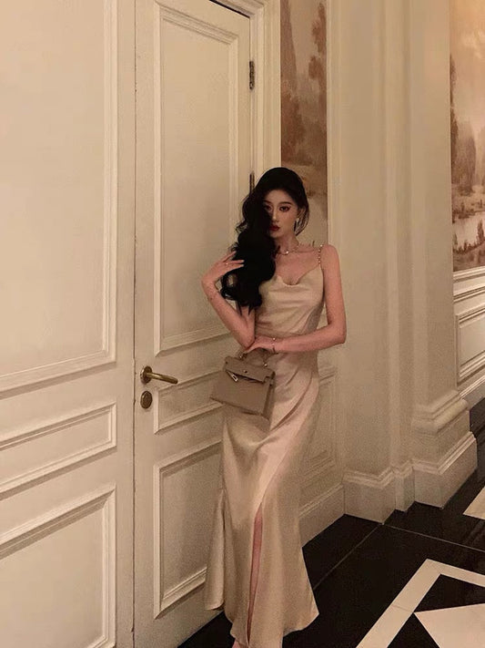 Gorgeous Mermaid Spaghetti Straps Champagne Slit Date Night Dress Prom Dresses Birthday Outfits SD1094
