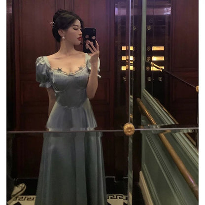 Classy A Line Sweetheart Blue Satin Prom Dresses Birthday Outfits Evening Gown SD1109