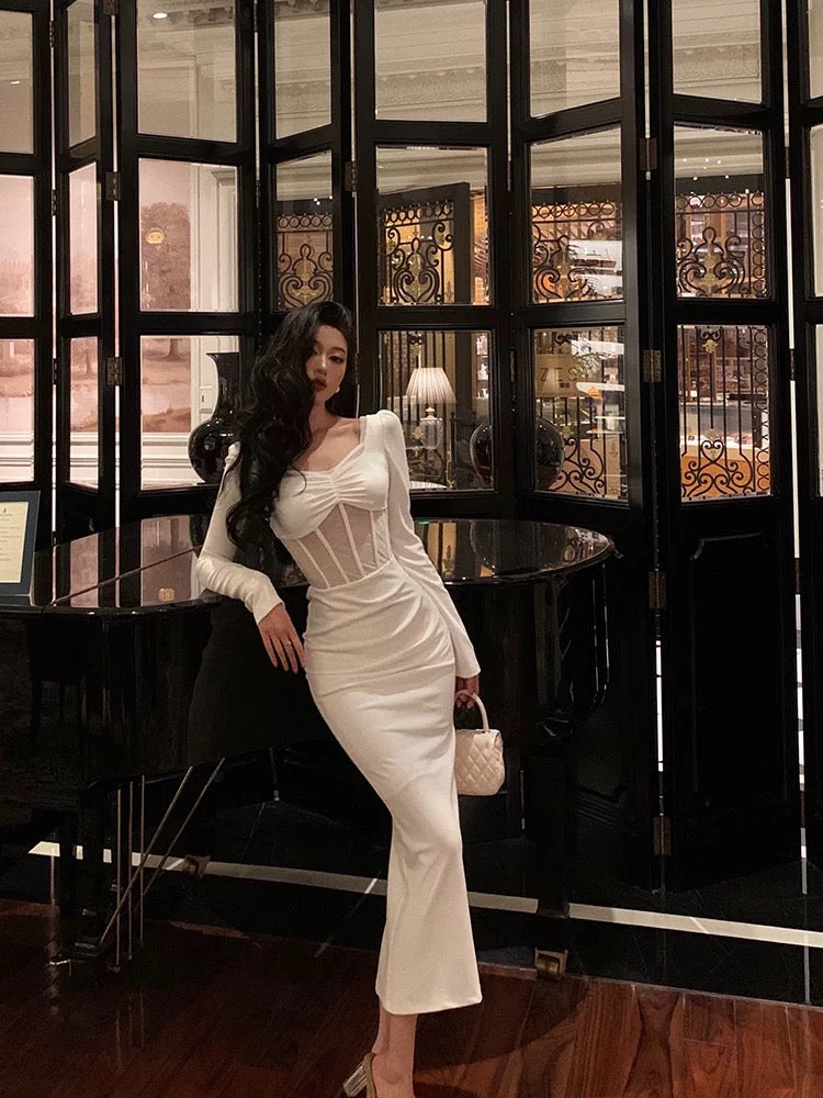 Classy Sheath Long Sleeves White Prom Dresses Birthday Outfits Evening Gown SD1116