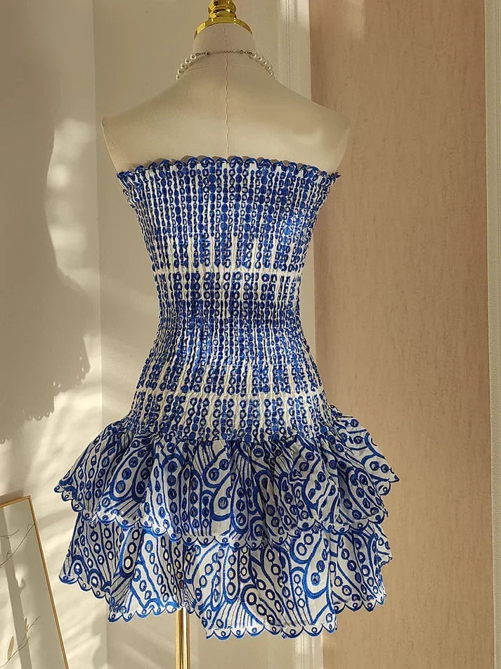Vintage Dark Blue Pattern Design Strapless Mini Party Dress Homecoming Dress HZ1024