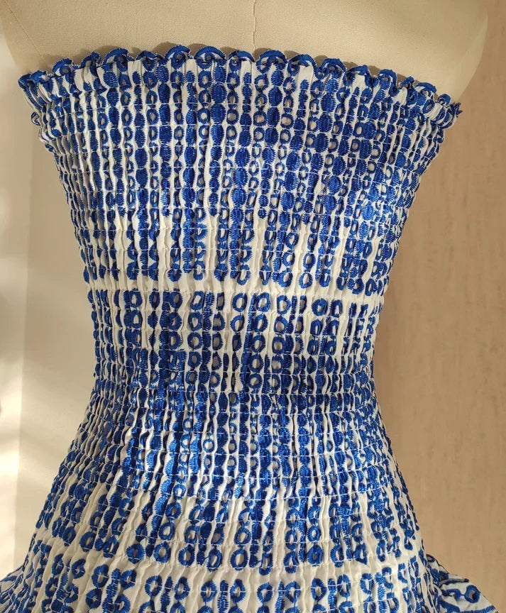 Vintage Dark Blue Pattern Design Strapless Mini Party Dress Homecoming Dress HZ1024