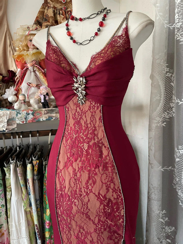 Sexy Mermaid Spaghetti Straps Red Lace Prom Dresses Long Party Dress SD1308