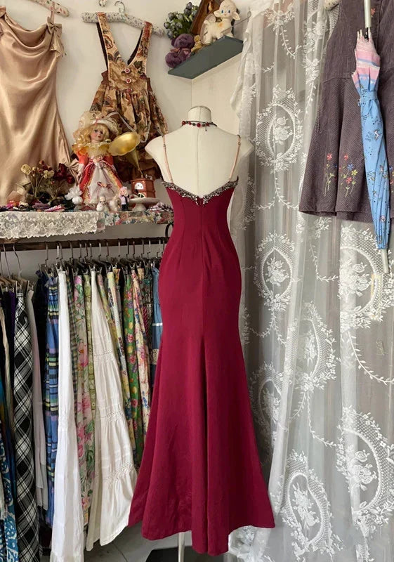 Elegant Burgundy V-neck Spaghetti Strap Lace Mermaid Prom Dress Evening Dress HZ1024