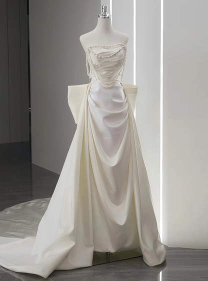 Unique Mermaid White Satin Strapless Pleats Long Satin Wedding Dress SD2001