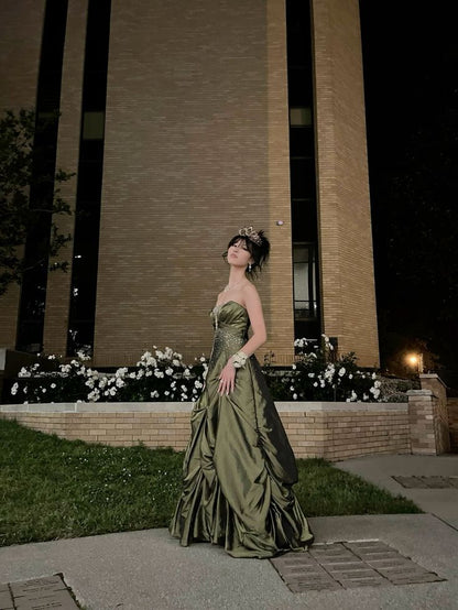 Pretty Ball Gown Strapless Satin Olive Green Long Ruffles Prom Dresses Formal Evening Dress SD2381