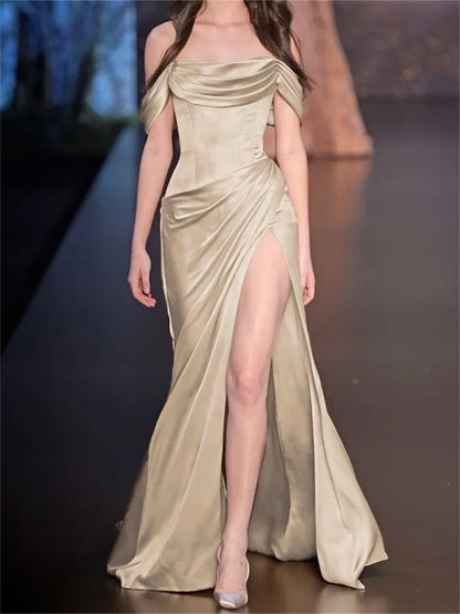 Simple A-Line Off The Shoulder Blue Satin Long Prom Dresses Formal Evening Dress SD1391