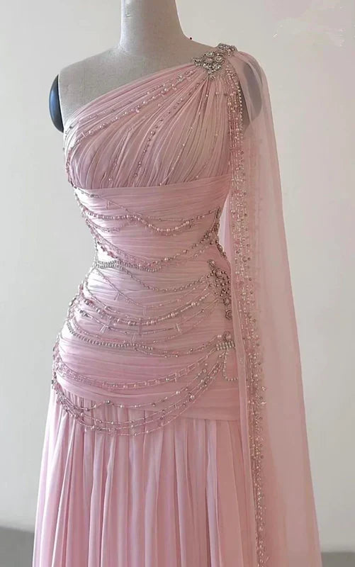 Vintage Glittering Beaded One-shoulder Prom Dress Evening Dress HZ1024