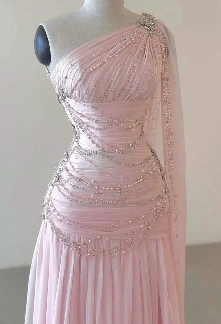 Vintage Glittering Beaded One-shoulder Prom Dress Evening Dress HZ1024