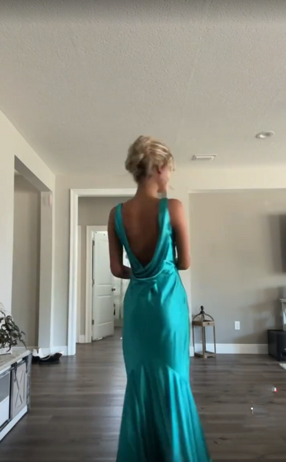 Classy A line V Neckline Blue Satin Sleeveless Long Prom Dresses SD1444