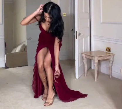 Pretty Mermaid Off The Shoulder Burgundy Slit Long Prom Dresses Formal Evening Dress SD1501