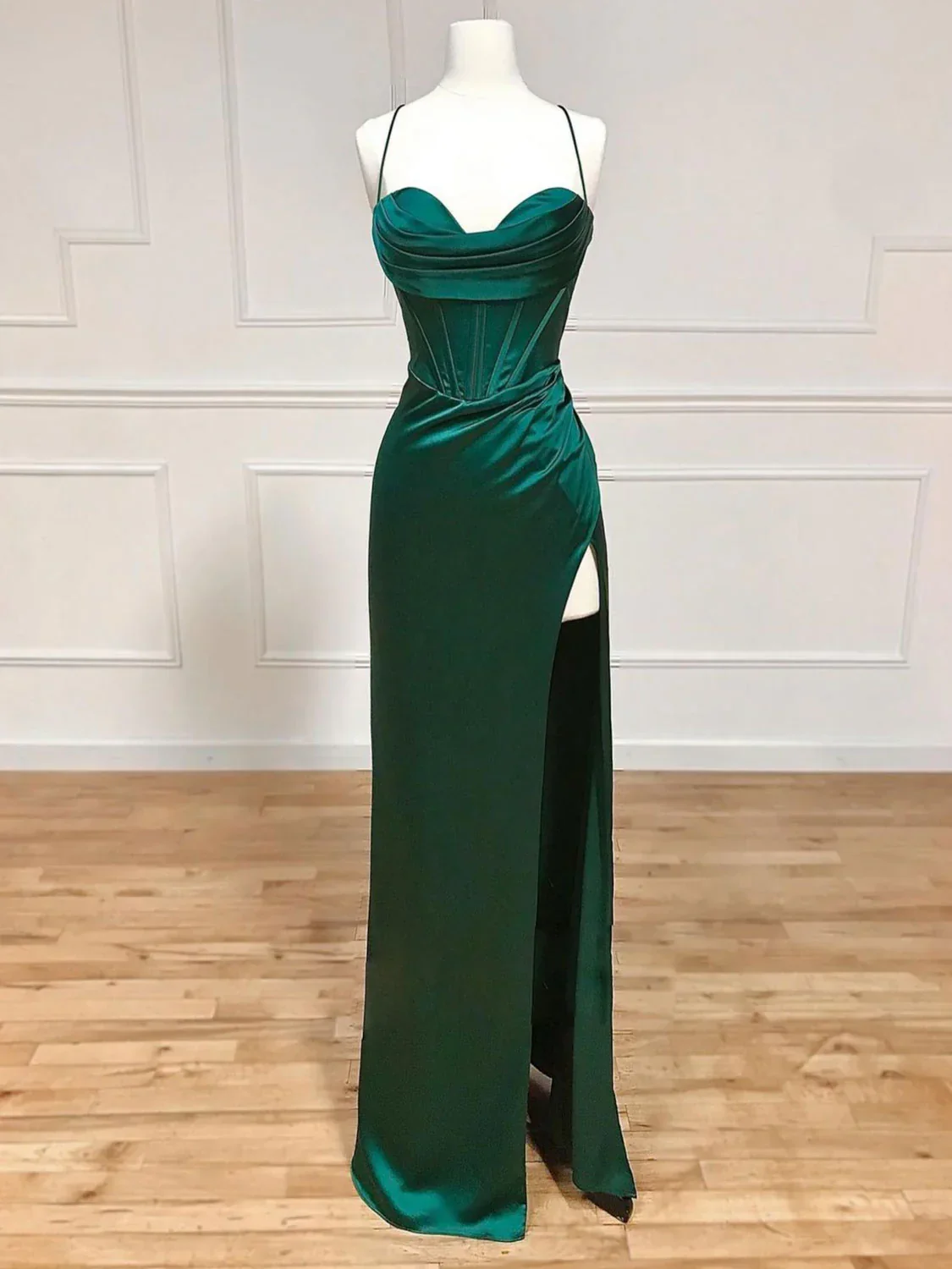 Classy Sheath Spaghetti Straps Red Satin Sleeveless Long Backless Prom Dresses SD1447