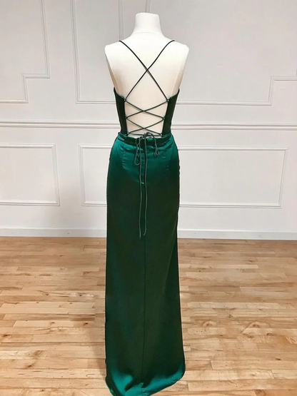 Classy Sheath Spaghetti Straps Red Satin Sleeveless Long Backless Prom Dresses SD1447