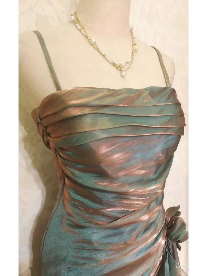 Vintage Elegant Spaghetti Strap Mermaid Ruffles Prom Dress Evening Dress HZ1024