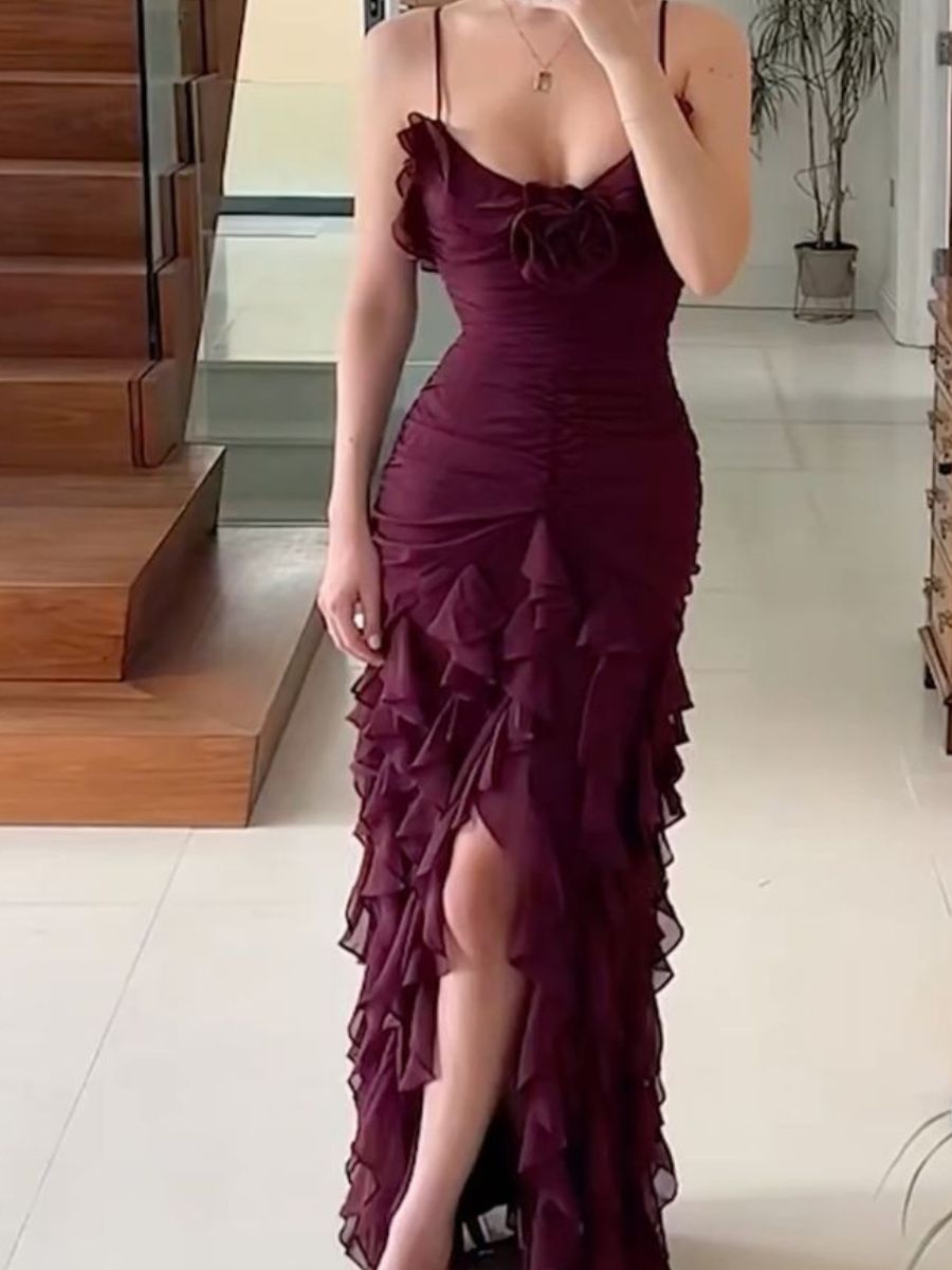 Sexy Mermaid Spaghetti Straps Ankle Length Chiffon Evening Dress Prom Dresses SD1642