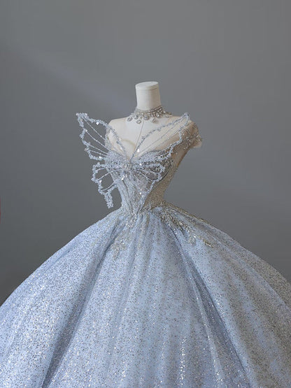 Fairytale Ball Gown Strapless Neckline Sequin Light Sky Blue Long Wedding Dresses Brides Dress SD1656