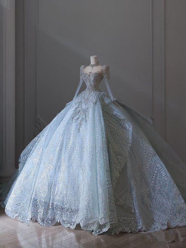 Princess Ball Gown Scoop Neckline Long Sleeves Sequin Light Sky Blue Long Wedding Dresses Brides Dress SD1657