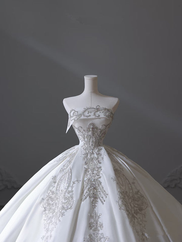 Princess Ball Gown Strapless Sleeveless Pleats White Satin Wedding Dress Bridal Dresses SD1667