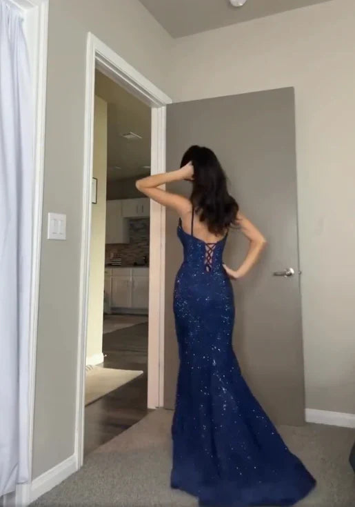 Pretty Sheath Spaghetti Straps Royal Blue Slit Long Evening Dress Prom Dresses SD1725