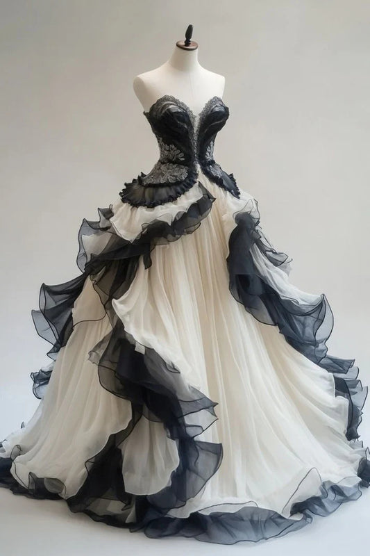 Black white vintage elegant Delicate lace long tulle prom dress evening gown graduation party dress wedding dress gh3421