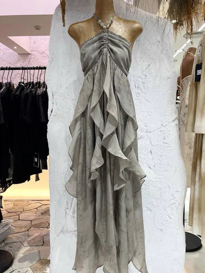 Floral Ruffle Design Halter Dress Elegant A-line Chiffon Evening Party Dress HZ1024