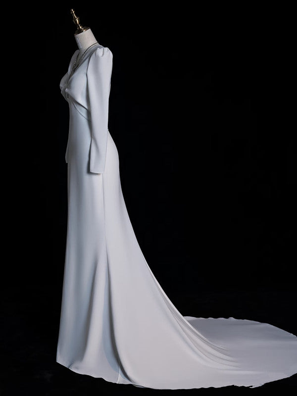 Sexy Mermaid V Neckline Long Sleeves White Satin Wedding Dresses Brides Dress SD1870