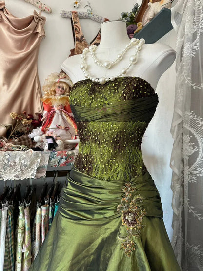 Olive Green Elegant Exquisite Beading Long Satin Vintage Fashion Mermaid Off-the-shoulder Floor-length Evening Gown Ball Gown Prom Dress Ball Gown gh3813