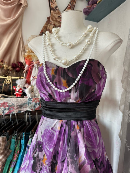 Vintage A line Sleeveless Long Floral Chiffon Evening Dress Prom Dresses SD1904
