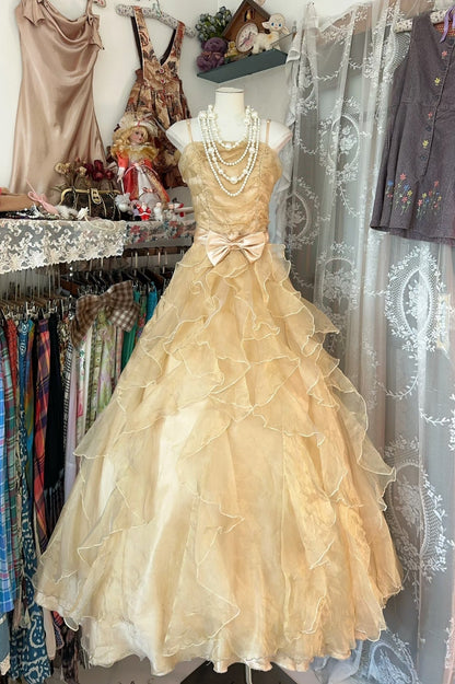Vintage Ball Gown Spaghetti Straps Sleeveless Long Gold Evening Dress Prom Dresses SD1905