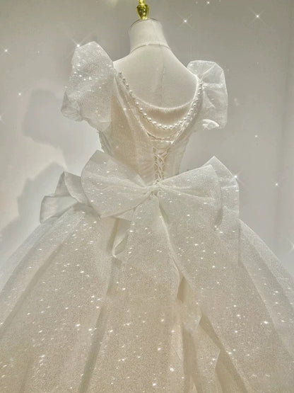 Unique Ball Gown Square Neckline Short Sleeves Sequin White Wedding Dresses Brides Dress SD1948