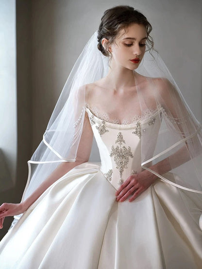 Simple Ball Gown Strapless Sleeveless Satin White Wedding Dresses Brides Dress SD1958