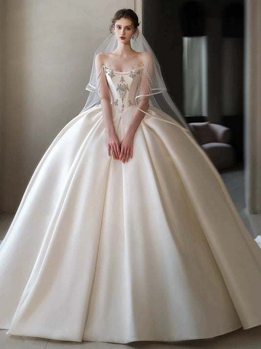 Simple Ball Gown Strapless Sleeveless Satin White Wedding Dresses Brides Dress SD1958