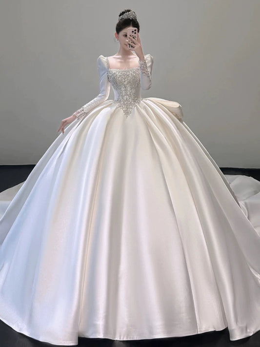 Classy Ball Gown Square Neckline Long Sleeves Sequin White Wedding Dresses Brides Dress SD1962