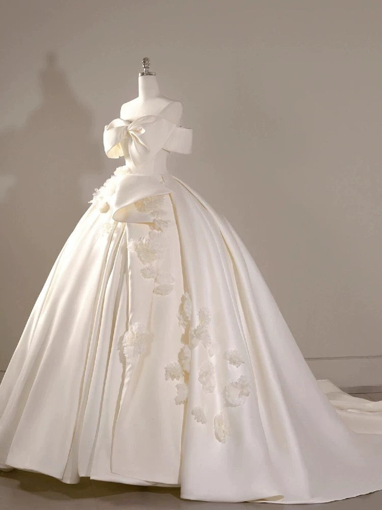 Timeless Ball Gown Off The Shoulder Short Sleeves Satin White Wedding Dresses Brides Dress SD1965