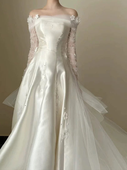 Timeless Ball Gown Off The Shoulder White Tulle Long Wedding Dresses Bridal Dress SD1977