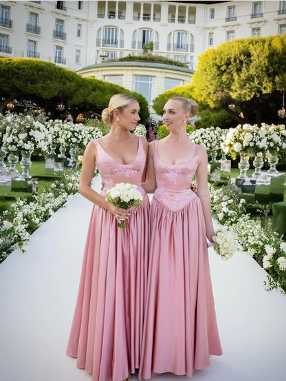 Elegant A Line V Neckline Floor-length Satin Long Pink Evening Dress Prom Dresses SD2031