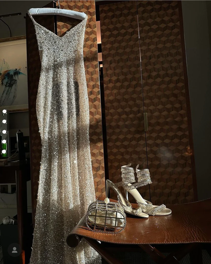 Pretty Mermaid Halter Neckline Long Sequin Champagne Party Dresses Prom Dress SD2036