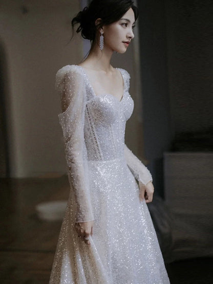 Unique A Line Square Neckline Sequin Pleats Long Sleeves Wedding Dresses SD2082