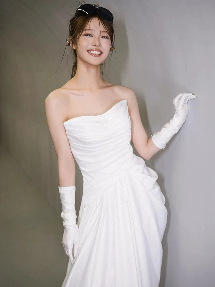 Unique Mermaid Sweetheart Pleats White Satin Ruffles Wedding Dresses SD2091