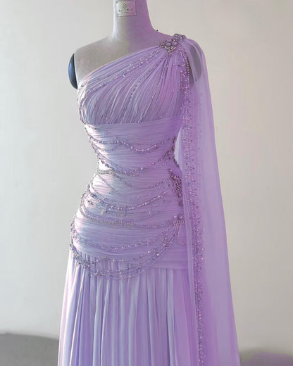 Classy A Line One Shoulder Pink Chiffon Evening Gown Prom Dresses SD1435