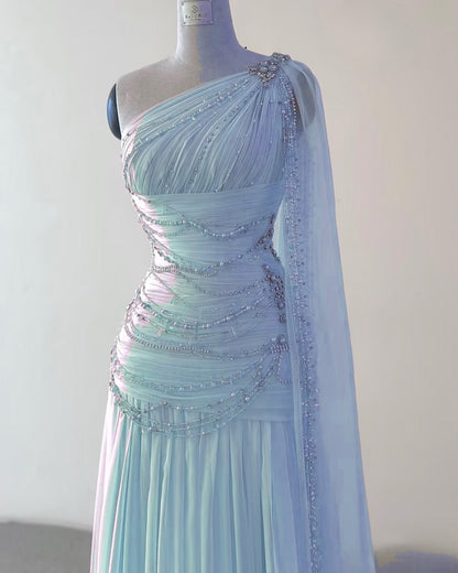 Classy A Line One Shoulder Pink Chiffon Evening Gown Prom Dresses SD1435