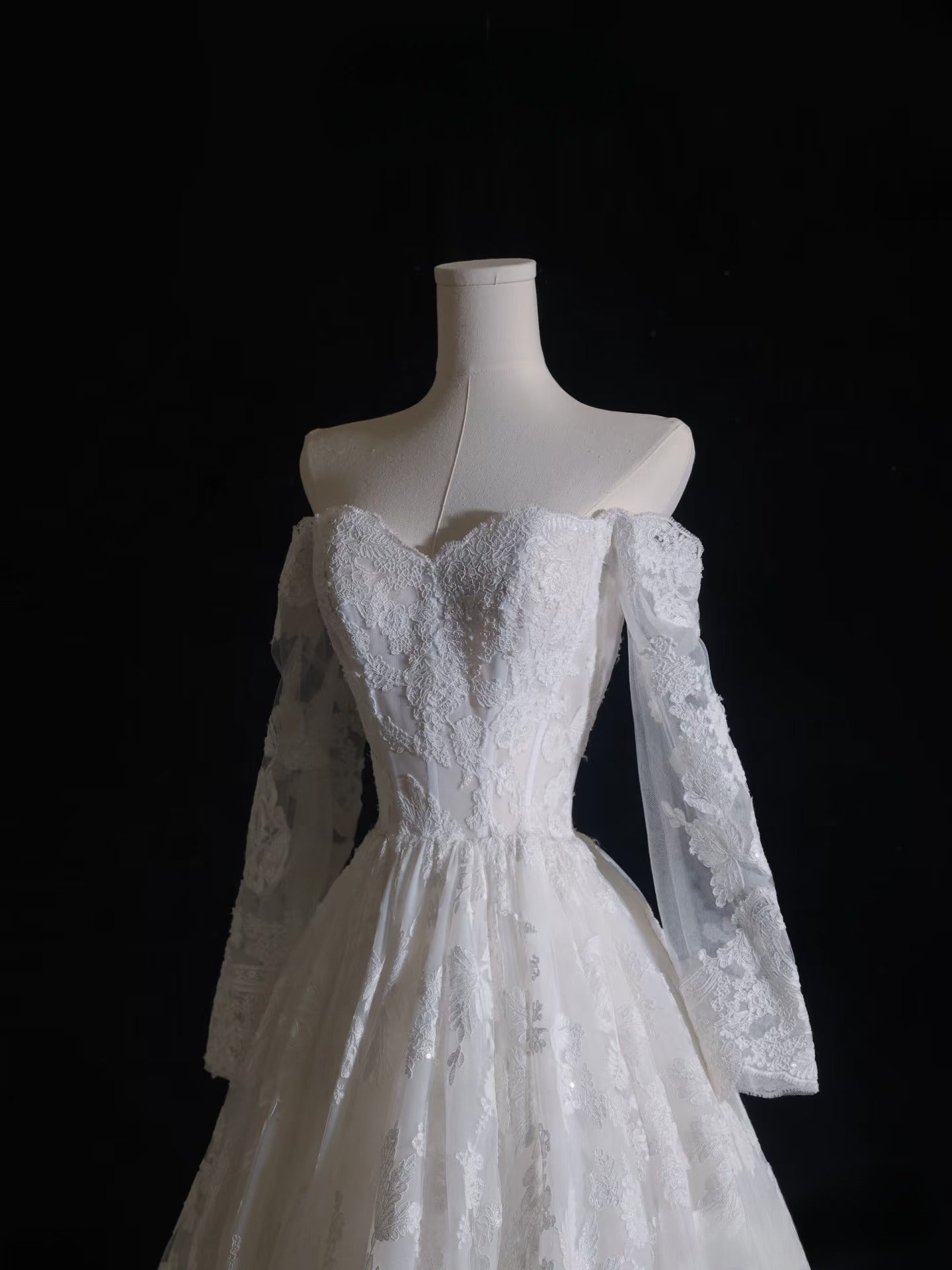 Timeless A line Off The Shoulder White Lace Long Sleeves Wedding Dresses Bridal Dress SD2327