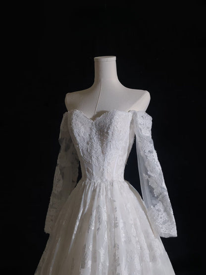 Timeless A line Off The Shoulder White Lace Long Sleeves Wedding Dresses Bridal Dress SD2327