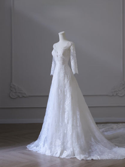 Timeless A line V Neckline White Lace Long Sleeves Wedding Dresses Bridal Dress SD2339
