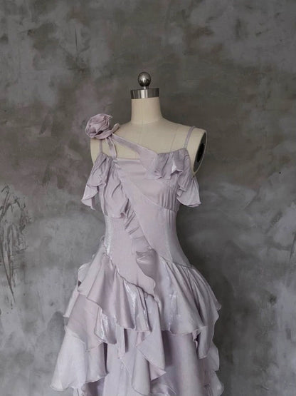 Pretty Irregular Ruffled Suspender Prom Dresses With Detachable Rose Long Birthday Dress For Women SD235