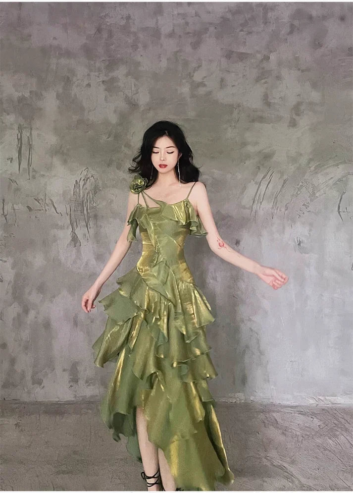 Retro Spaghetti Strap Irregular Ruffled Detachable Rose Design Elegant Satin Evening Dress Prom Dress HZ1024
