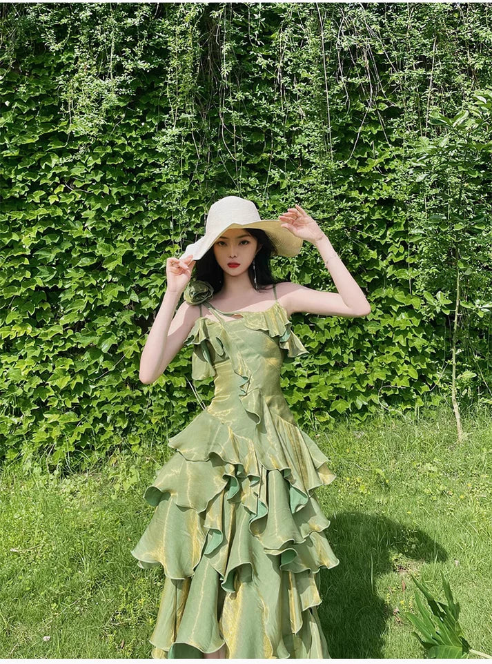 Retro Spaghetti Strap Irregular Ruffled Detachable Rose Design Elegant Satin Evening Dress Prom Dress HZ1024