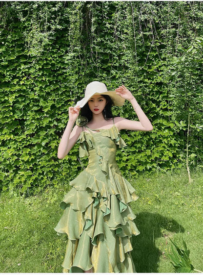 Retro Spaghetti Strap Irregular Ruffled Detachable Rose Design Elegant Satin Evening Dress Prom Dress HZ1024