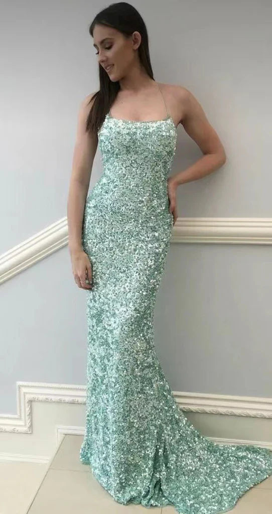 Sexy Mermaid Spaghetti Straps Maxi Long Party Blue Sequin Prom Dresses Evening Dress SD2378