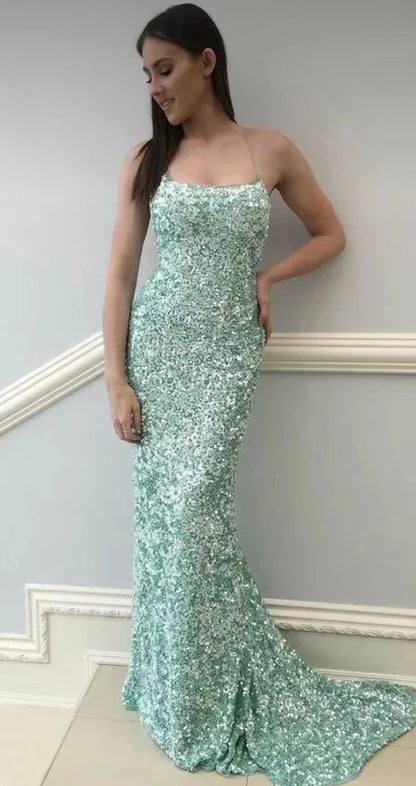 Sexy Mermaid Spaghetti Straps Maxi Long Party Blue Sequin Prom Dresses Evening Dress SD2378