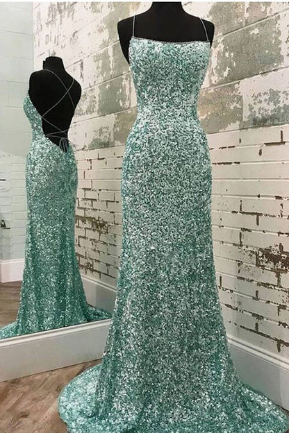 Sexy Mermaid Spaghetti Straps Maxi Long Party Blue Sequin Prom Dresses Evening Dress SD2378